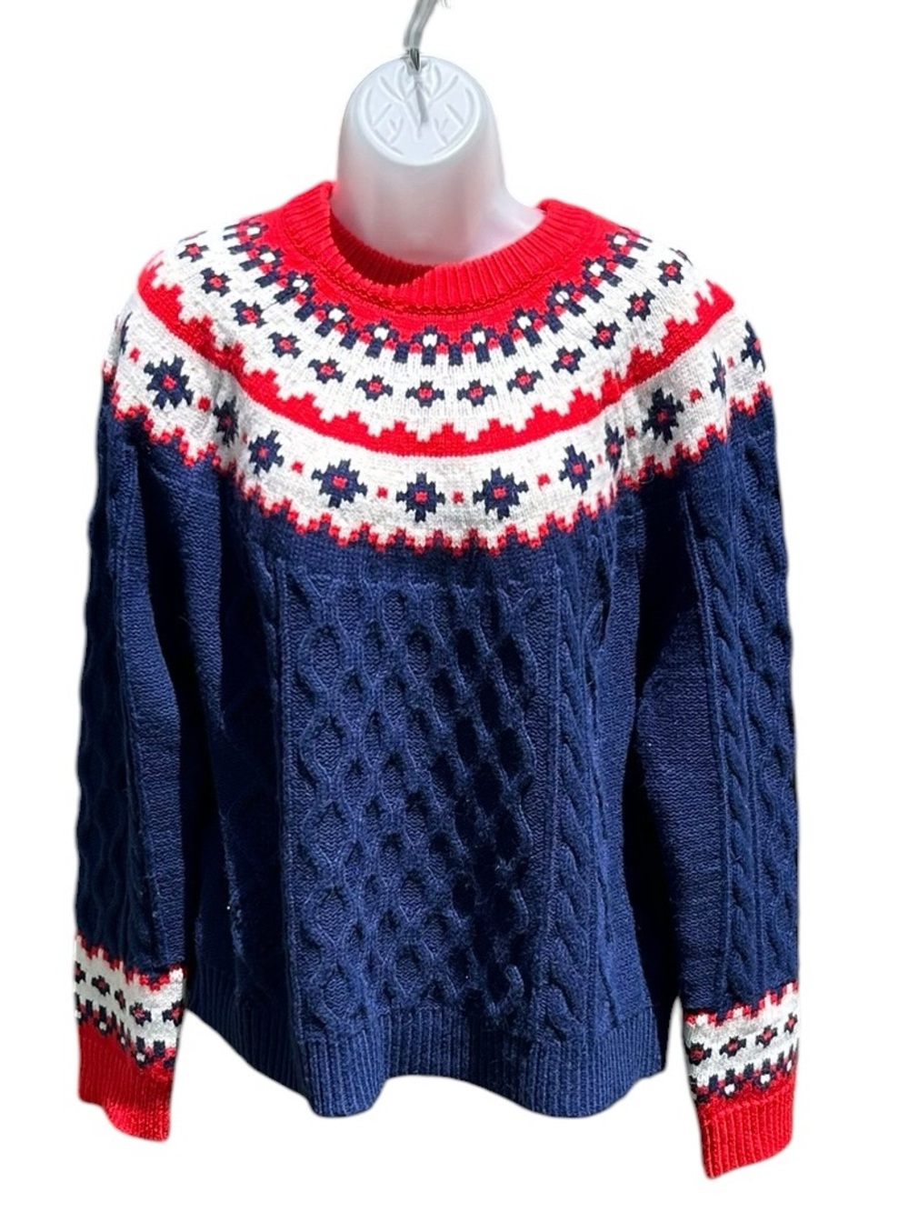 BODEN Women L Eleanor Fair Isle Blue Red Wool Blend Cable Knit Crewneck Sweater